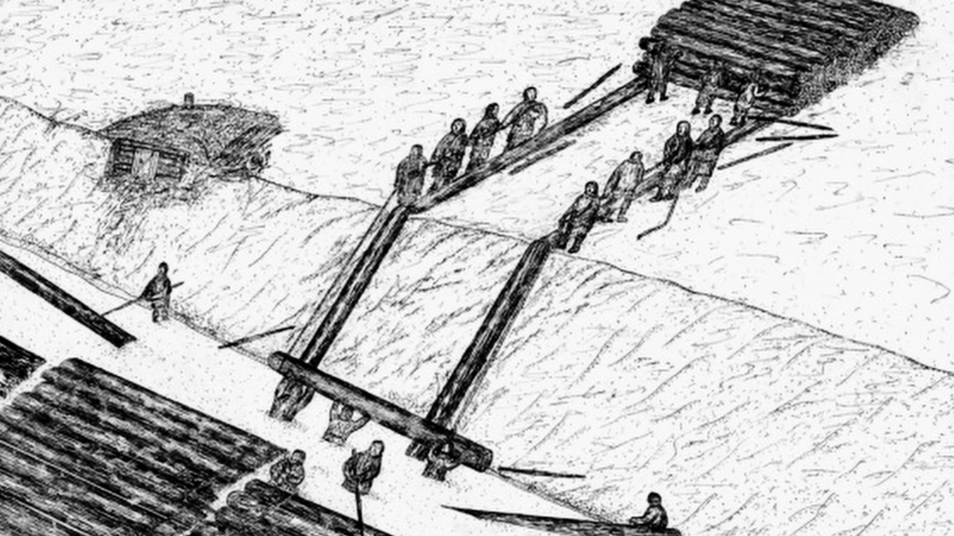 A drawing of people hauling long wooden beams through snow, shown in MONUMENT.