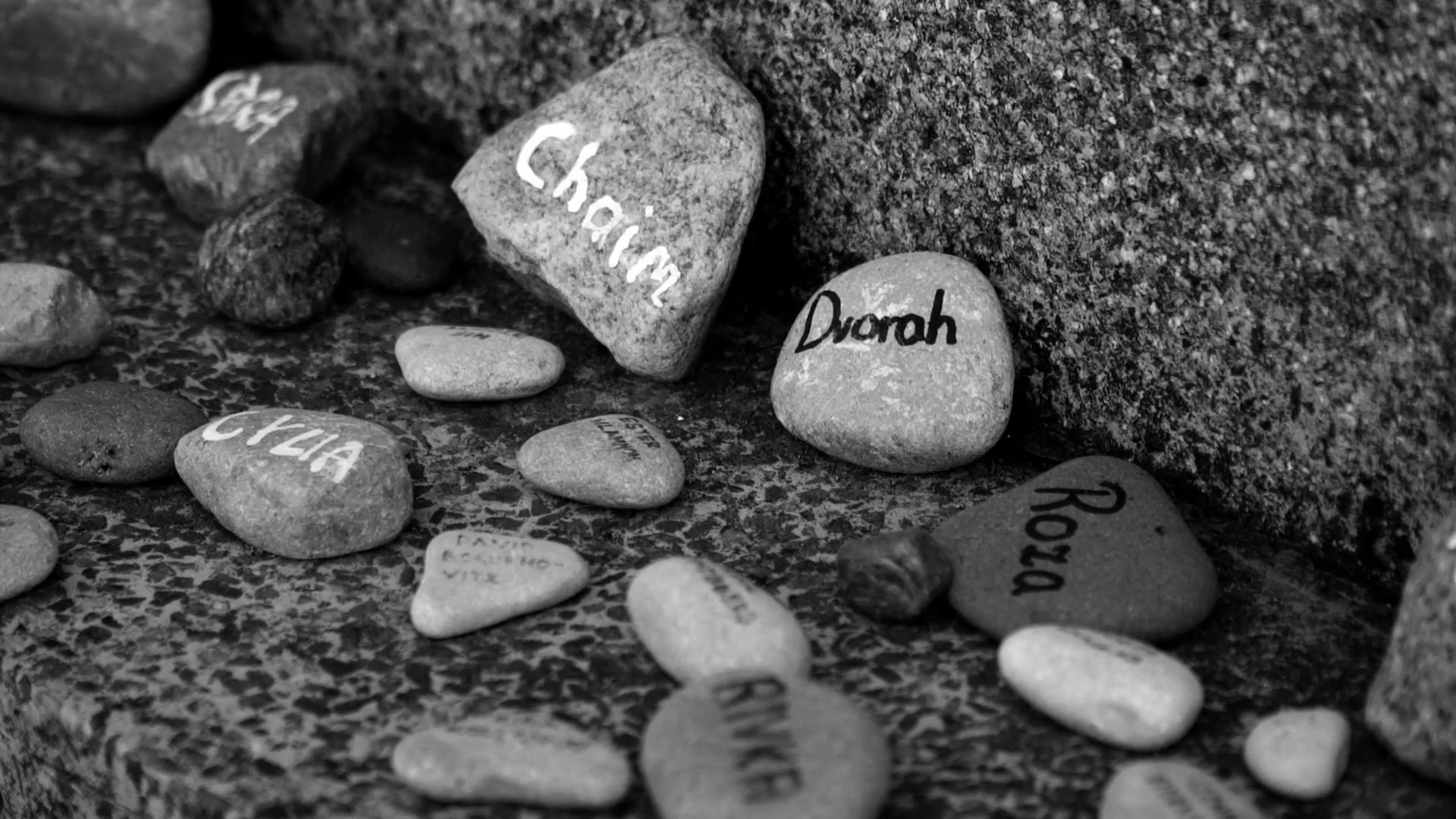 Small remembrance stones bearing names at a Jewish memorial in MONUMENT.